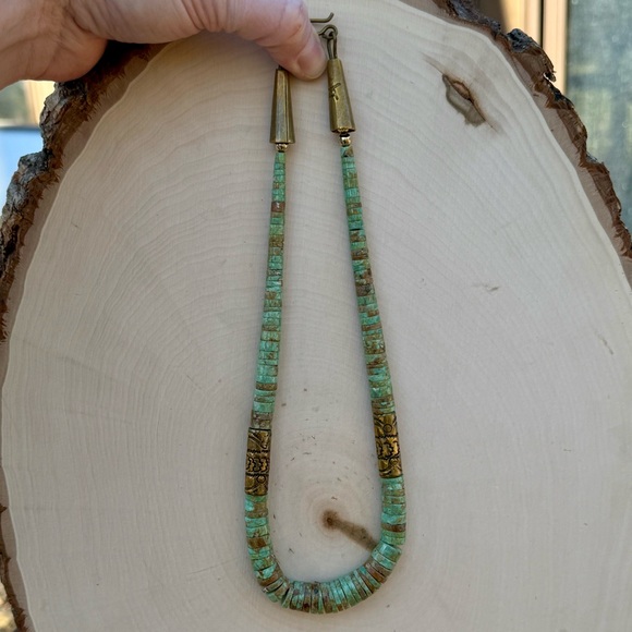 RARE_VINTAGE_Santo Domingo Tony Aguilar Sr. Brass & NATURAL Turquoise Necklace - Picture 8 of 16